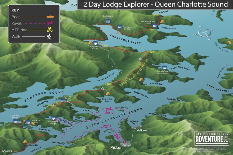 Map of 2 day Lodge Explorer Queen Charlotte Sound Marlborough Sounds NZ