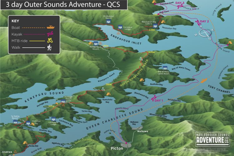 Map 3 day Outer Queen Charlotte Sounds Adventure Marlborough Sounds NZ