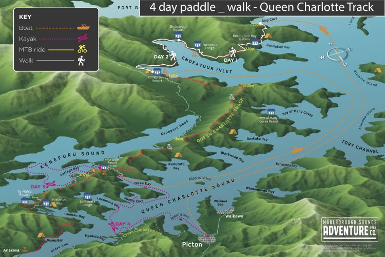 Map 4 day Paddle & Walk Queen Charlotte Track Marlborough Sounds NZ